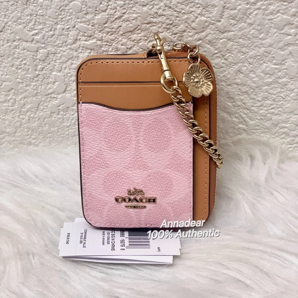 NWT Coach CEC50 Zip Card Case With ID Window with Chain & Charms In Powder Pink